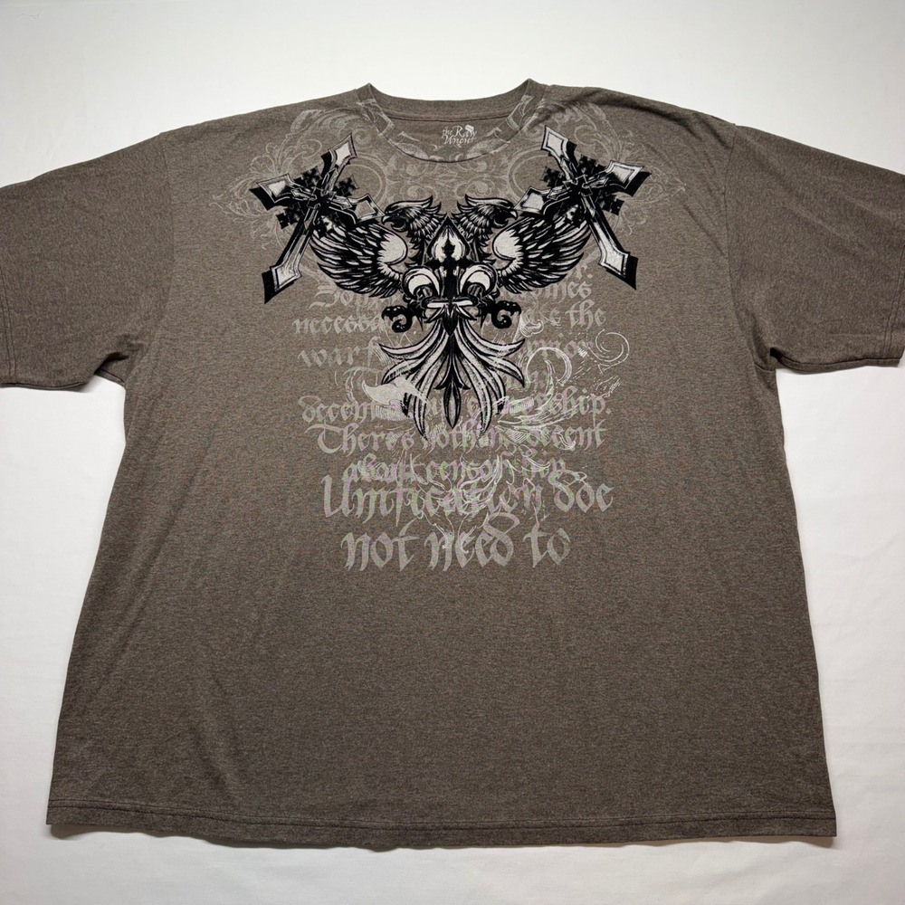Y2K Graphic T Shirt XXXL Brown Fleur De Lis Wings Cross Tattoo Grunge Mens Tee